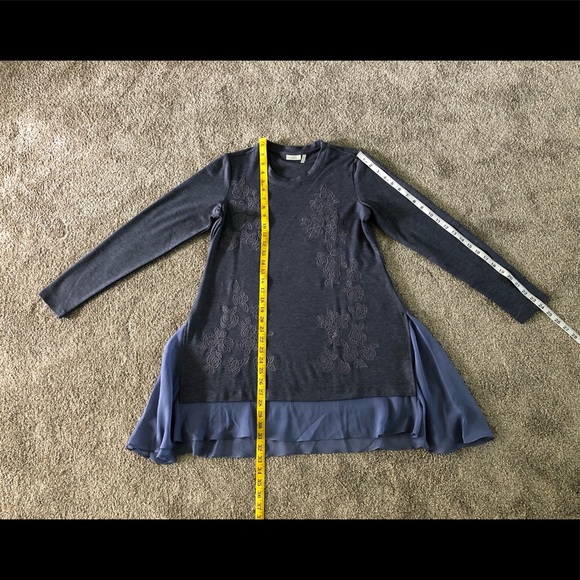 LOGO Lounge Top XS Jersey Knit Chiffon Flared Hem Embroidered Boho Pullover - Picture 3 of 11